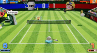 Blooper losing a point to Baby Wario who used the Chargin' Chuck Racket to cause the ball to bounce into his side of the court, making it impossible for Blooper to retrieve the ball.