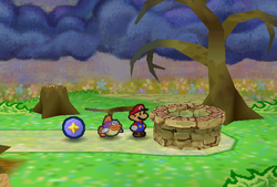 Mario finding Flower Saver Badge in Flower Fields of Paper Mario.