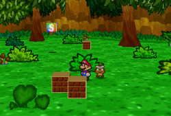 Mario finding multiple Coins in bushes on the Jr. Troopas's playground in Goomba Village of Paper Mario.