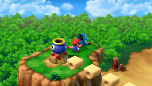 Shaman giving Mario Coins for completing the Sky Bridge minigame in Land's End of Super Mario RPG.