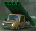 A truck carrying a ramp made out of green pipes in Mario Kart World