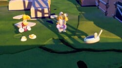 Rayman and Rabbid Peach about to enter the Couple Affinity battle in Mario + Rabbids Sparks of Hope