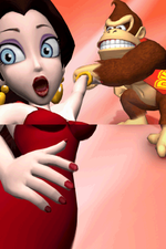 A screenshot of the Intro movie from Mario vs. Donkey Kong: Minis March Again!, depicting Donkey Kong snatching Pauline in rage.