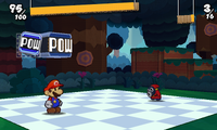 Mario using a POW Block in battle