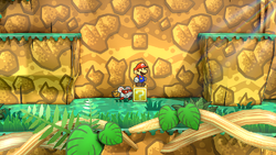 Mario at a mandatory hidden ? Block location at Keelhaul Key, in the remake of the Paper Mario: The Thousand-Year Door for the Nintendo Switch.