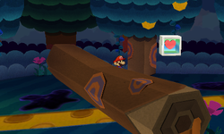 Mario near a tree containing a Coin and a Jump Sticker in Strike Lake of Paper Mario: Sticker Star.