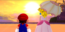 Mario and Peach gaze towards the sunset at Sirena Beach.