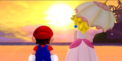 Mario and Peach gaze towards the sunset at Sirena Beach.