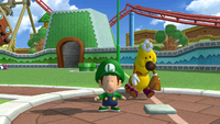 Baby Luigi is happy for helping his team score in Mario Super Sluggers.