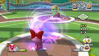 Birdo executes her Suction Ball Star Pitch in Mario Super Sluggers.