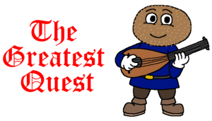 A vaguely medieval bard with a kiwi for a head plays a string instrument while standing to the right of the words "The Greatest Quest" in an old-timey font.