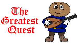 A vaguely medieval bard with a kiwi for a head plays a string instrument while standing to the right of the words "The Greatest Quest" in an old-timey font.