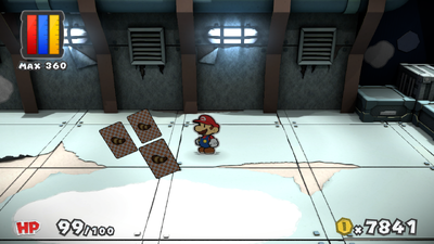 Mario near 3 Tail Battle Cards in Fort Cobalt of Paper Mario: Color Splash.