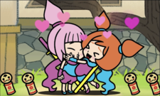 Kat & Ana hugging about their eating challenge in WarioWare Gold