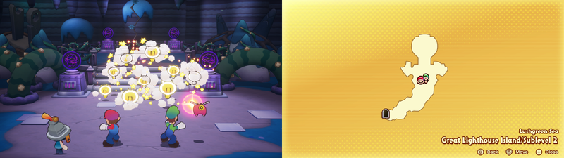 Mario and Luigi receiving number of Sprite Bulbs after defeating Gobblick on the Great Lighthouse Island of the Lushgreen Sea of Mario & Luigi: Brothership.