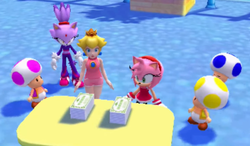 Peach, Amy, Blaze, and three Toads look at the invitations to the Olympic Games