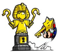 Artwork of Mario about to unlock the Egyptian Koopa's statue from Mario Pinball Land