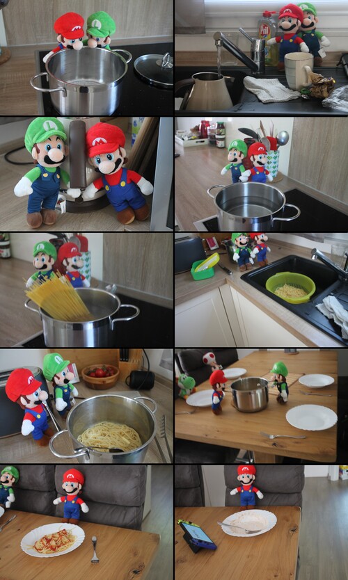 Ten photographs are shown in comic format, arranged left to right, top to bottom. The first shows plushes of Mario and Luigi peeking over an empty cooking pot. The second shows the Mario and Luigi plushes at a faucet, which is on and filling a coffee pot with water. The third shows Mario and Luigi with the coffee pot behind them, with their hands on its handle. The fourth shows Mario and Luigi behind the original cooking pot, now filled with water and on the stove. In the fifth, raw pasta strands have been added to the pot. In the sixth, Mario and Luigi are again behind the sink, and cooked pasta sits in the sink in a colander. The seventh Mario and Luigi with a pot full of cooked pasta, with a spoon in the bowl and a fork in Mario's hand. In the eighth photo, a zoomed-out view of a table shows plushes of Yoshi and Toad behind plates on one side, Mario and Luigi in the center of the table with the cooking pot, and two plates set out on the other. In the ninth, Mario and Luigi are shown seated at one side of the table, with a plate in front of Mario filled with a pasta dish. In the tenth, Mario is shown with the plate now emptied save for traces of the pasta sauce, with a Nintendo Switch set up in front of him.