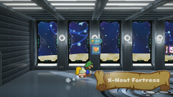 Mario and Goombella inside the X-Naut Fortress, just past the entrance.