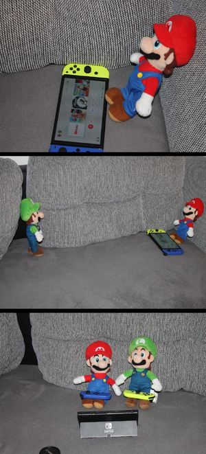 Three photographs are shown in a stacked comic format. In the first, a plush of Mario sits on a couch, with a powered Nintendo Switch placed in front of it. In the second, A wider view shows Mario with the Switch on one end of the couch, and a plush of Luigi on the other side of the couch, looking at Mario. In the third, the Mario and Luigi plushes now sit next to each other on the couch, both facing the Switch, which is now in its tabletop mode. Each plush has one of the system's Joy-Cons in its lap.