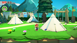 Mario standing near a tent containing Big Bag of Confetti in Whispering Woods of The Origami King.