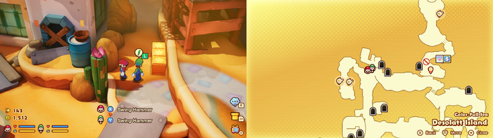 Mario and Luigi near wooden crates containing a Coin and a Five Coin on Desolatt Island of Mario & Luigi: Brothership.