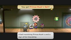 Mario getting the Prince Mush's Belt from him in Glitz Pit of Paper Mario: The Thousand-Year Door for Nintendo Switch.