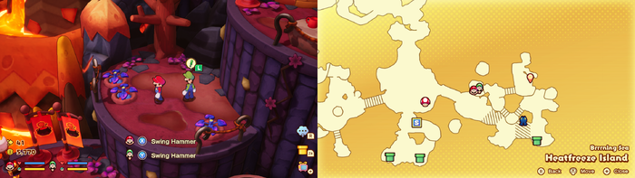 Mario and Luigi near 3 Heatfreeze Potatoes containing 11 Coins on Heatfreeze Island of Mario & Luigi: Brothership.