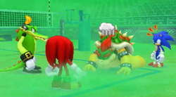 Bowser mopes over losing to Knuckles and Vector while Sonic notices the Fog machine