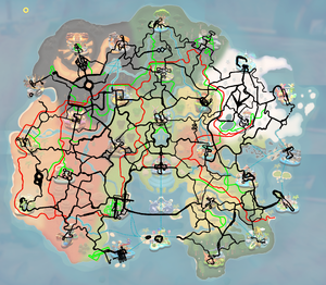 A map of all the roads used for routes and tracks (black), water areas used for routes (blue), used only in Free Roam (green), and train paths (red)