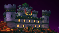 Full view of Bowser's Castle at Wayaway Island in Mario & Luigi: Brothership. This view can be seen after reading the sign at the island entrance.