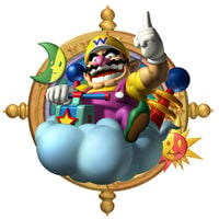 Mario Party 6 promotional artwork: Wario riding on a cloud, that can bolt down thunderbolts. Inspired from the minigame Conveyor Bolt, version two