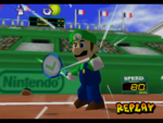 Luigi charging a ball in the game Mario Tennis (Nintendo 64).