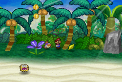 Mario finding a Star Piece in a tree at the beach of Lavalava Island in Paper Mario