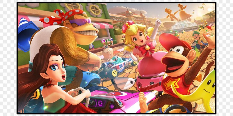 Screenshot of Pauline, Funky Kong, Peachette, and Diddy Kong in Mario Kart 8 Deluxe shown with question 7 of the Mario Kart 8 DLC Character Personality Quiz.