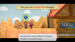 Mario getting Attack FX B Badge from Ms. Mowz in Paper Mario: The Thousand-Year Door for Nintendo Switch.