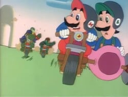 Born to Ride - Mario and Luigi, in motorcycle gear, being chased by the Dino Riders in a high speed motorcycle chase