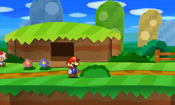 Mario near a bush containing a Coin in Warm Fuzzy Plains of Paper Mario: Sticker Star.