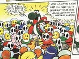 Yoshi surrounded by Shy Guys and Crazee Dayzees in the Super Mario World 2: Yoshi's Island comic