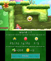 Smiley Flower 4: Located in a hidden area past the Checkpoint Ring. Red Yoshi must climb the ledge near the first smoke-emitting pipe and ground pound into some soft rock on the ground to access the area with the Smiley Flower.