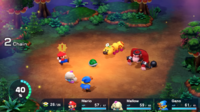 Mario kicking a Green Shell at a Wiggler and a Guerrilla.
