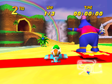 Tiptup racing Taj in the Plane Challenge of Diddy Kong Racing.