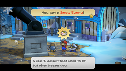Mario getting a Snow Bunny from Swob in Fahr Outpost of Paper Mario: The Thousand-Year Door for Nintendo Switch.