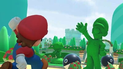 DS Peach Gardens: Mario doing a Jump Boost, looking as though he is waving at a topiary of Luigi