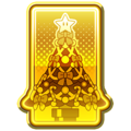 A gold badge depicting a festive tree