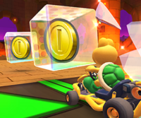 Thumbnail of the Baby Peach Cup challenge from the 2022 Mario vs. Luigi Tour; a Break Item Boxes challenge set on RMX Bowser's Castle 1