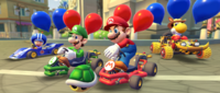 Mario, Luigi, Toad (Pit Crew), and Yoshi (Kangaroo) participating in the 2023 Summer Tour's 2-Player Challenge in Mario Kart Tour