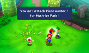 Mario obtaining an Attack Piece in Mushrise Park from Mario & Luigi: Dream Team