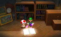 Luigi after knocking over the book with the paper characters
