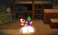 Luigi after knocking over the book with the paper characters.